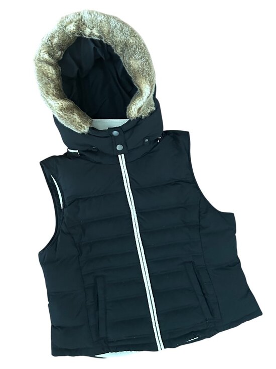 LOFT Jackets & Blazers - Ann Taylor Loft Black Quilted Down Puffer Vest Size Large Fleece Lined Fur Hood